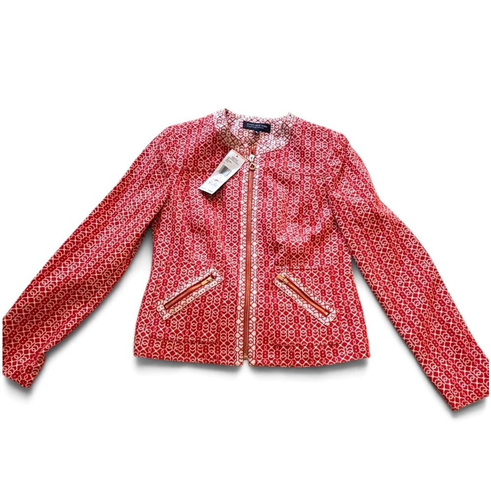 Jones New York Signature Petite Blazer 2P Red White Print Zip Front NWT - Picture 8 of 12
